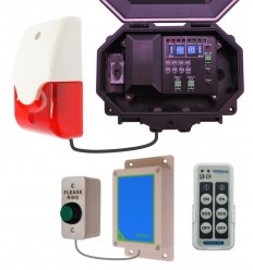 Wireless Commercial Doorbell inc Heavy Duty Push Button -Siren & Flashing Strobe with adjustable duration options.